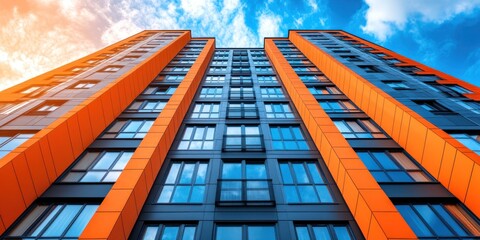 A large, vibrant high-rise building with striking orange and black panels stands tall