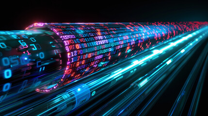 Data transfer high speed data network binary code, ai automation, cybersecurity background. Data transmission through a fiber optic cable cyber design, parallel track universe. Binary tube tunnel.