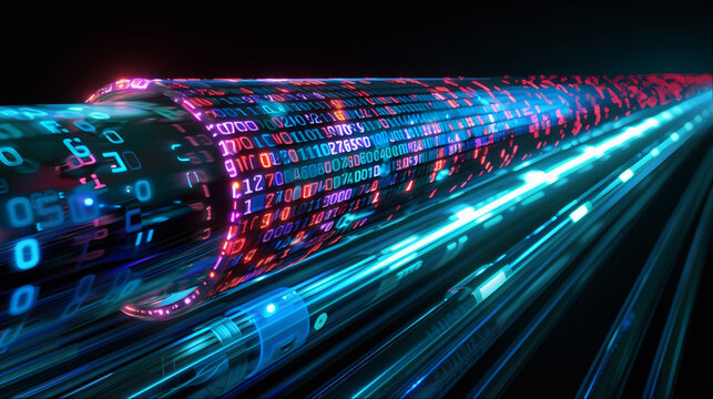 Data transfer high speed data network binary code, ai automation, cybersecurity background. Data transmission through a fiber optic cable cyber design, parallel track universe. Binary tube tunnel.
