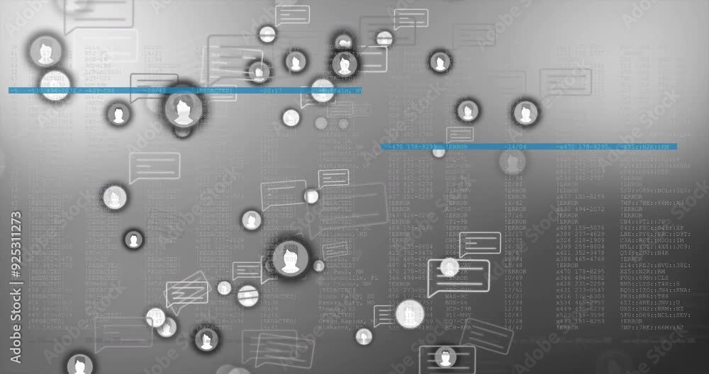 Poster chat bubbles and user icons animation over digital data and code background