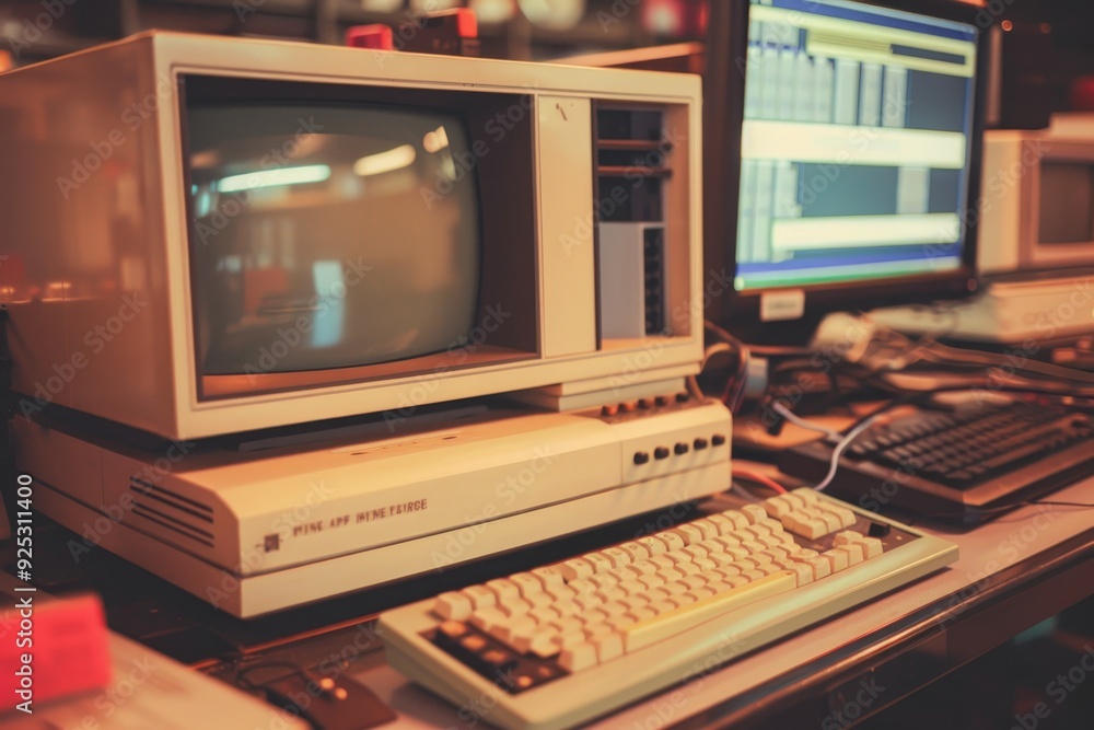Poster a desk displaying a retro computer system with a monitor, keyboard, mouse, and dot matrix printer, r
