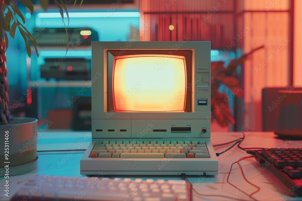 Poster an outdated desktop computer with a floppy disk slot placed on a desk, retro desktop computer with a