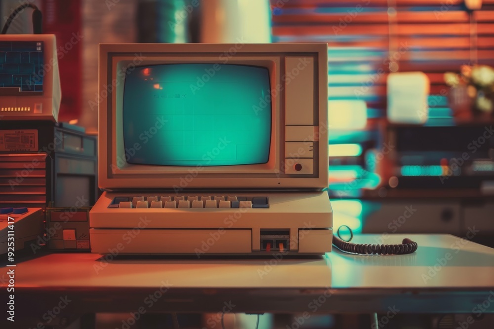 Poster vintage desktop computer with green screen display placed on a wooden table, retro desktop computer 