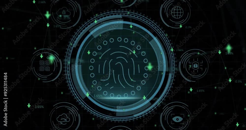 Poster Fingerprint authentication and data security animation with digital interface icons