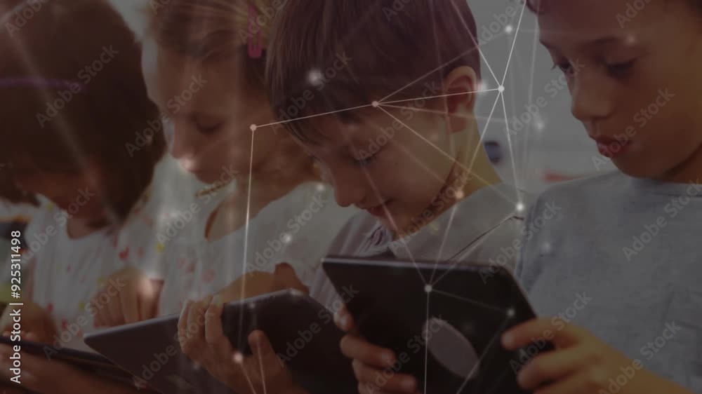 Poster using tablets with network connections animation, children focusing on screens