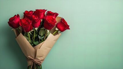 Vibrant Red Roses Bouquet Wrapped in Kraft Paper - Perfect Wall Art for Home Decor or Sports Interior Posters with a Refreshing Green Background