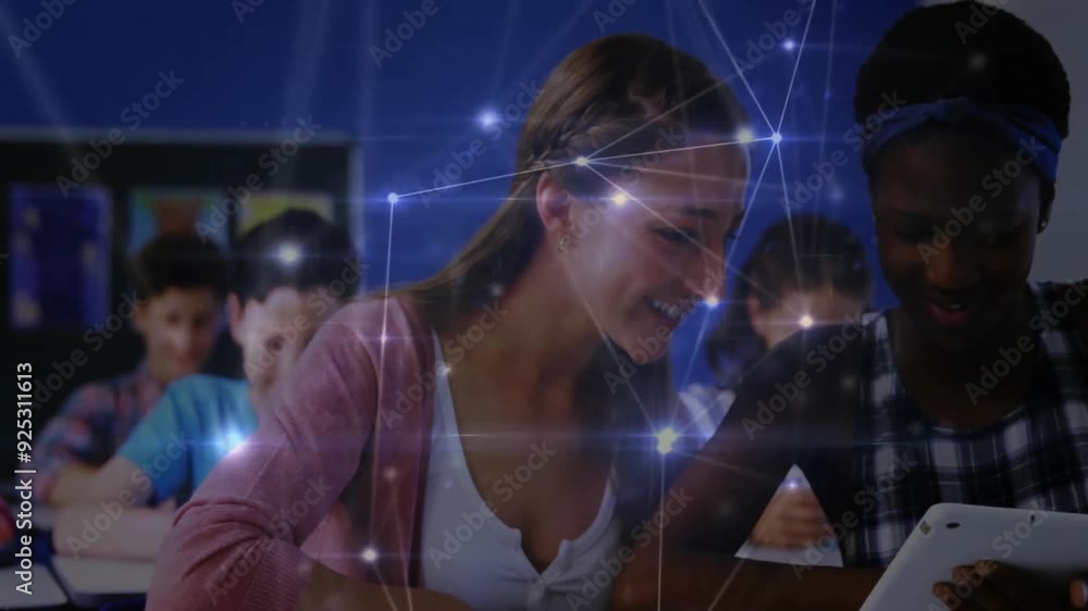 Poster in school, students using tablets with network connections and data sharing animation