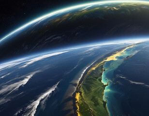 A view of the Earth from space, showing the planet's curved horizon and the atmosphere 