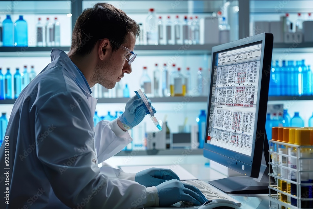 Poster a man in a white lab coat and gloves is analyzing test results on a computer, reviewing test results