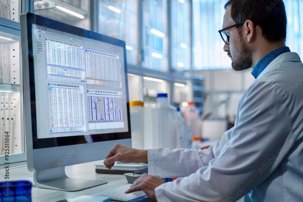 Poster a man in a lab conducting research, analyzing test results on a computer screen, reviewing test resu