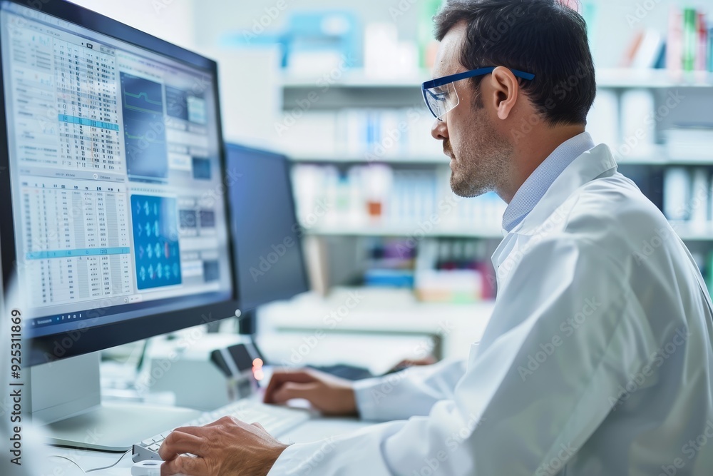 Poster a man in a lab coat studying data on a computer screen, reviewing test results on a computer screen