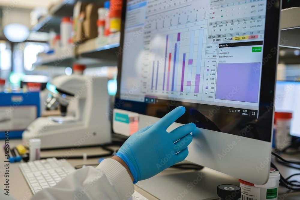 Poster a person in a lab coat and gloves points at a computer screen displaying test results, reviewing tes