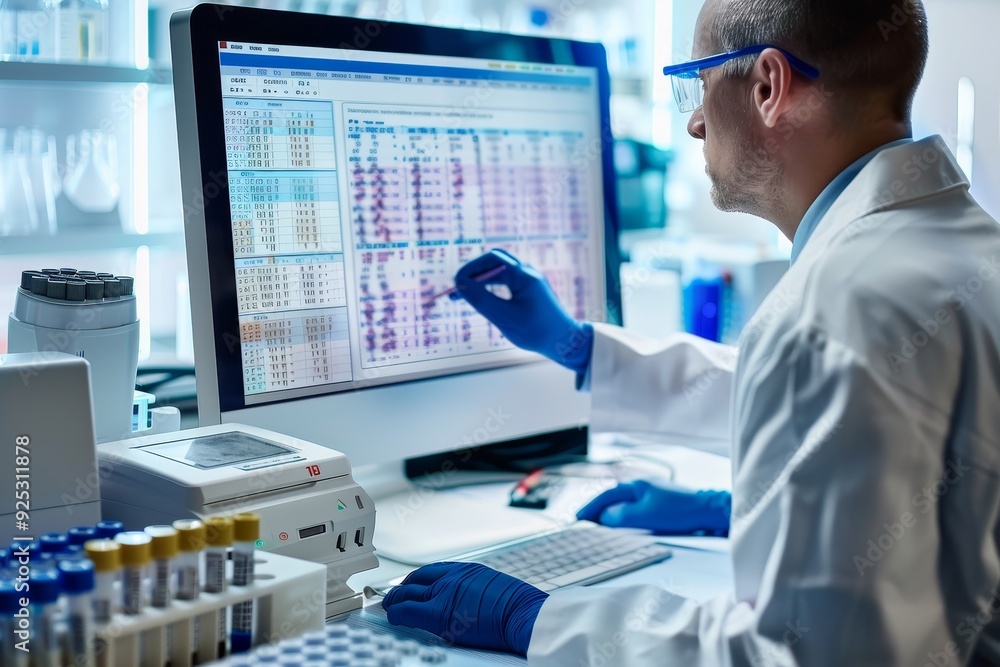 Poster a man in a white lab coat is closely examining test results displayed on a computer screen, reviewin