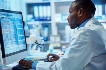 A man in a white lab coat sitting in front of a computer screen, analyzing test results, Reviewing test results on a computer screen