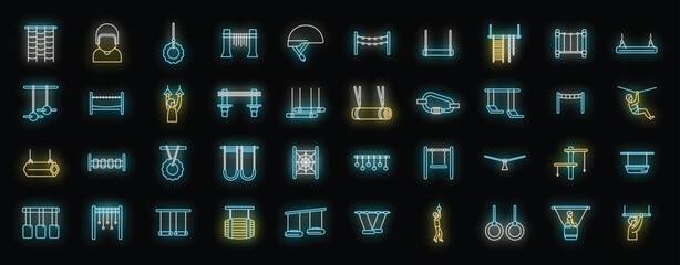 Neon icons representing various rope park activities and equipment, highlighting the excitement and challenges of this outdoor adventure