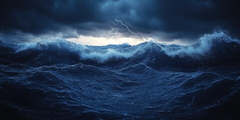 Fototapeta premium A stormy sea with dark clouds and a lightning strike