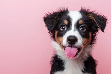 Funny and hungry Australian Shepherd licking his lips with his tongue on pink pastel background.