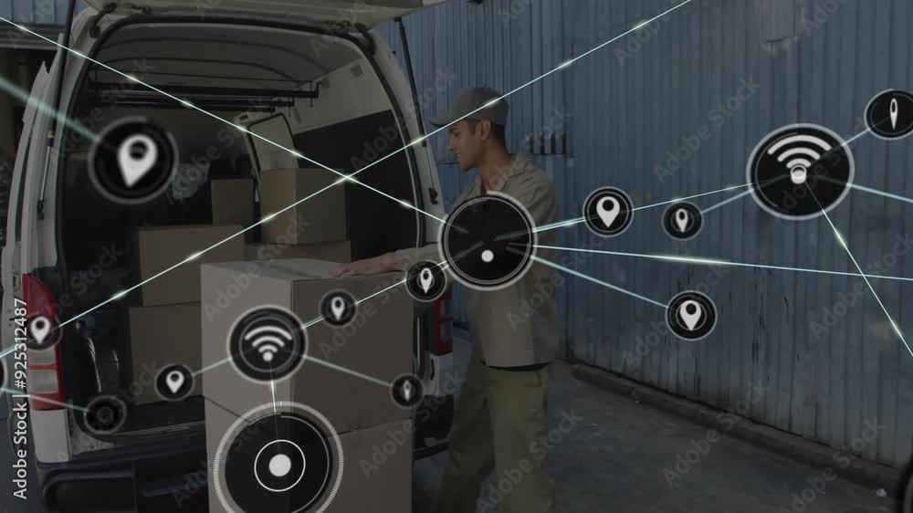 Poster Unloading boxes, delivery worker with network connections and data processing animation