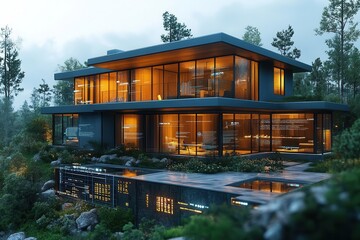 Obraz premium modern architectural rendering of sleek home exterior gleaming key in foreground surrounded by holographic financial data and property statistics