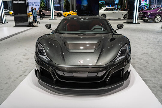 New York City, USA - March 27, 2024: Rimac Nevera supercar electric luxury car at New York International Auto Show, front view