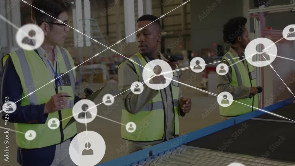 Poster discussing logistics, warehouse workers with network connections animation in background