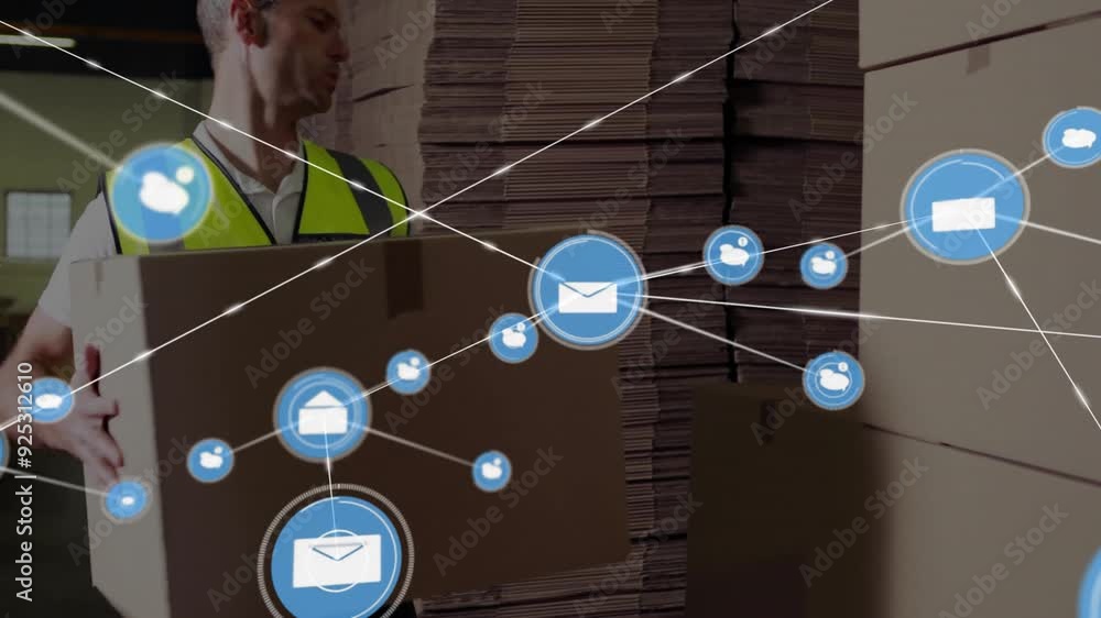 Poster stacking boxes in warehouse, worker with network connections animation overlaid