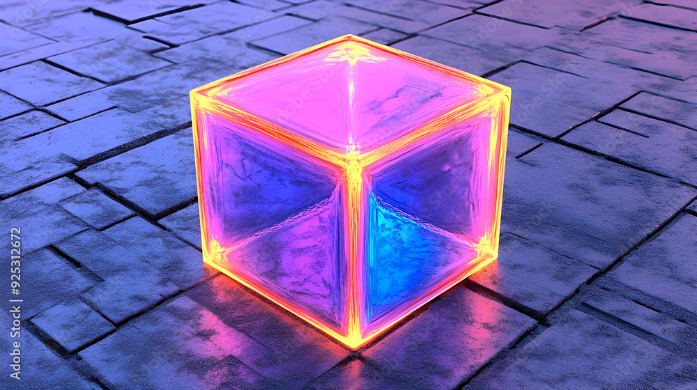 Poster a glowing cube with vibrant colors on a textured surface.