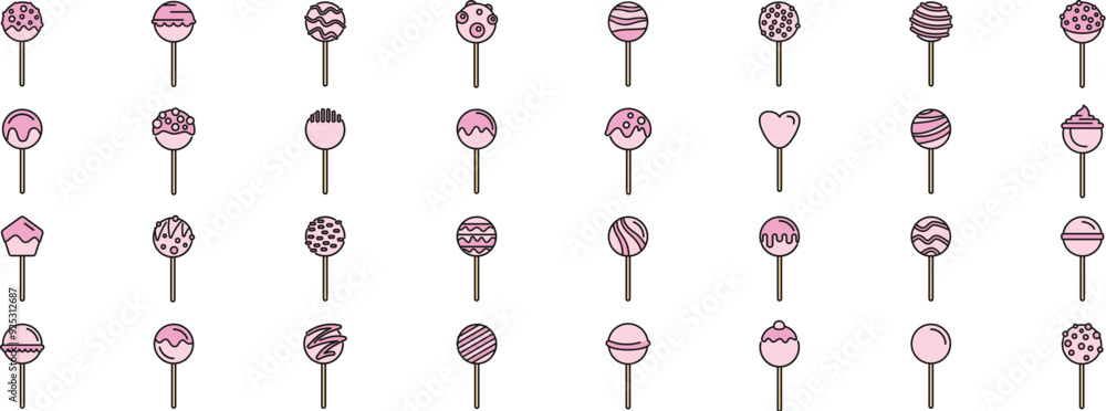 Poster vector line icons of various cake pops with pink frosting and different toppings