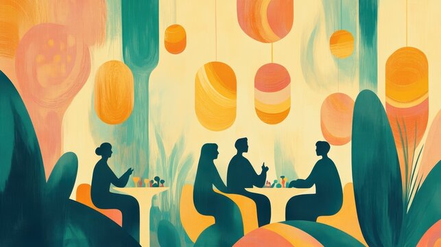 Vibrant gathering of gen z friends in artistic setting with abstract decor for social connections