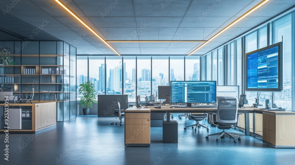 Poster Modern Office Interior with City View and Large Monitor Displaying Data