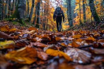 Fototapeta premium A man walking through a forest filled with lots of leaves on the ground, Ridding the forest floor of fallen leaves and debris