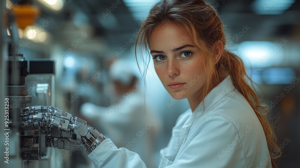 Poster A skilled engineer in a sleek laboratory interacts with cutting-edge robotic technology, showcasing innovation and expertise in her field