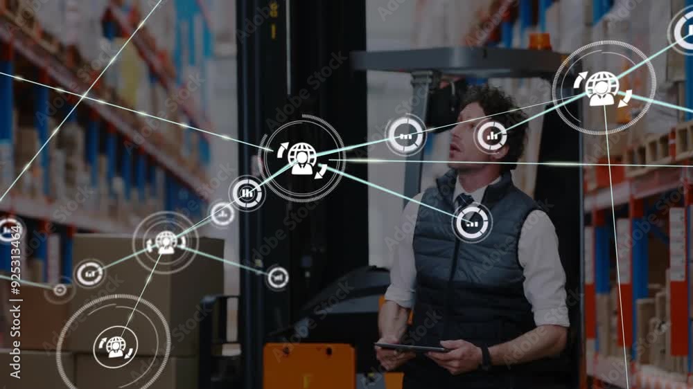 Poster using tablet in warehouse, man with network of connections and data processing animation