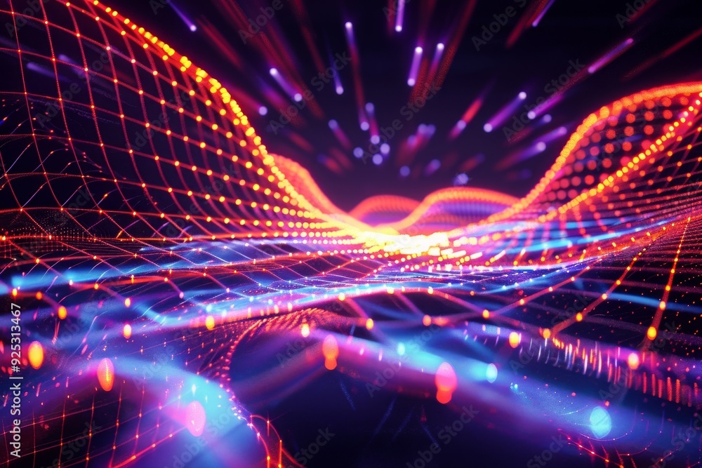 Poster dynamic energy ripples in neon colors with bright lights and intersecting lines creating an abstract
