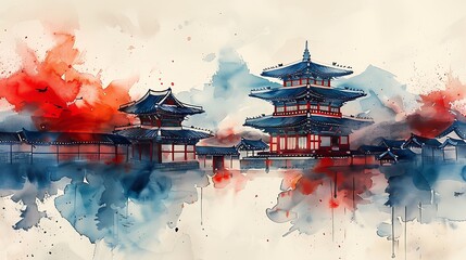 Obraz premium South Korean flag with vivid red, blue, and black colors, flowing smoothly in watercolor, set against a light background with faint outlines of traditional Korean rooftops, peaceful and cultural.