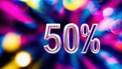 50% sign against a bright and colorful pink, purple, blue, and orange bokeh background. Black Friday or Cyber Monday concept