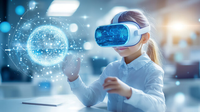 Girl learning with VR technology, depicting education innovation