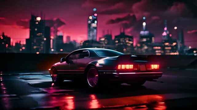 Futuristic car on the cybeprunk street in blue and purple synthwave colors. Cool retro supercar on synthwave street