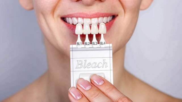 Tooth whitening, perfect white teeth close up with shade guide bleach color, female veneer smile, dental care and stomatology, dentistry