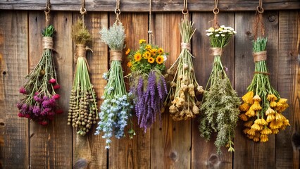 A bouquet of dried flowers and herbs hanging from a rustic wooden wall