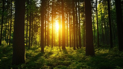 Fototapeta premium A serene forest scene with sunlight streaming through tall trees, creating a peaceful and natural atmosphere.