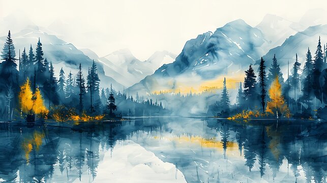 Swedish flag with bold blue and yellow stripes, waving gently in watercolor against a light background with a faint outline of Nordic landscapes, including fjords and snowy mountains, calm and scenic.