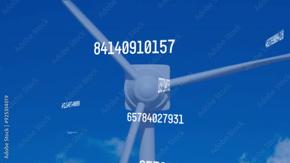 Poster wind turbine with numerical data processing animation over blue sky background