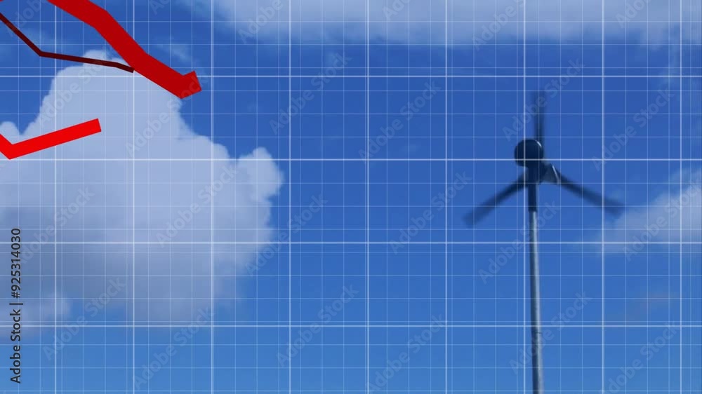 Poster red declining graph animation over wind turbine against blue sky with clouds
