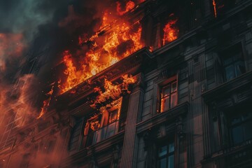 A large building on fire, engulfed in thick smoke, with roaring flames spreading rapidly, Roaring flames licking at the building's facade