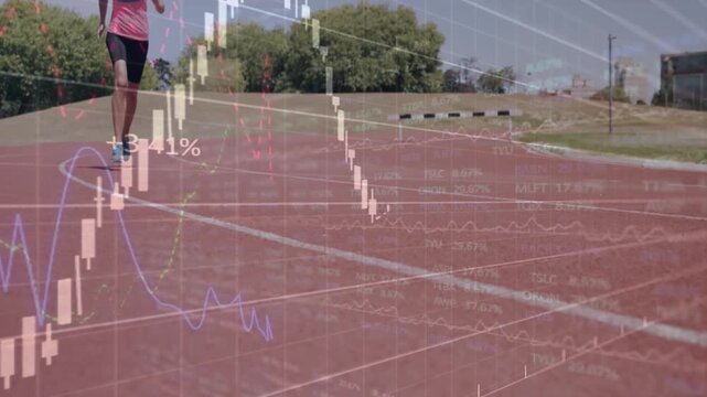 Financial data and stock market animation over athlete running on track