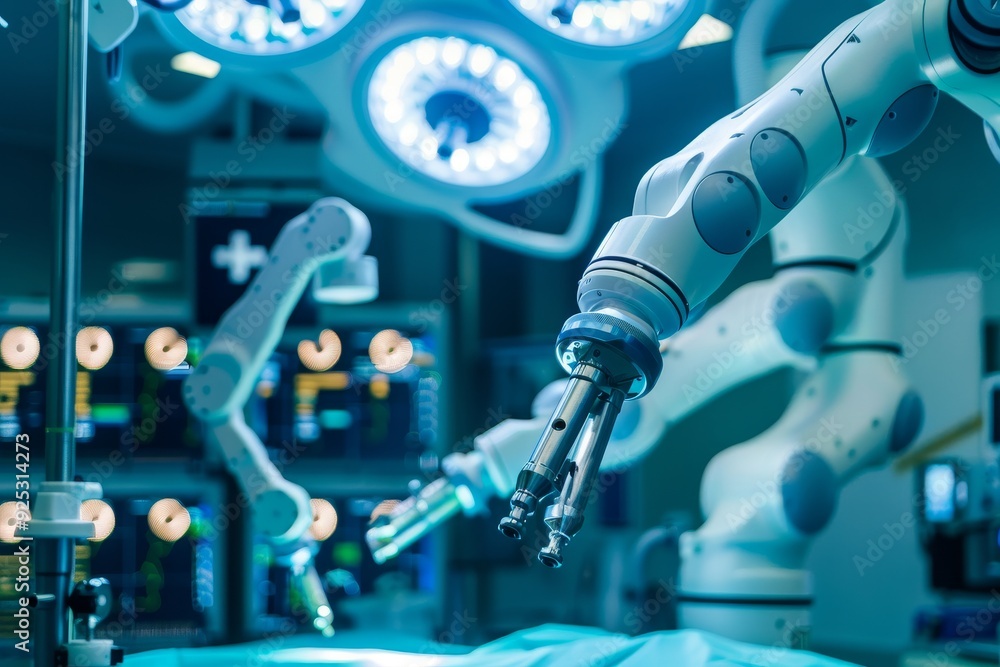 Poster a robot is actively operating a machine in a hospital setting, robotic arms assisting surgeons with 