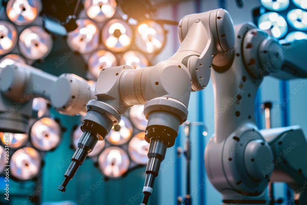Poster close up view of a microscope with numerous lights shining in the background, robotic arms assisting