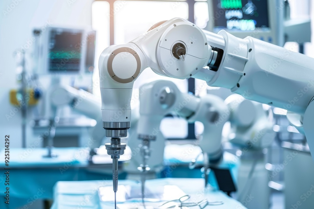 Poster a robot efficiently operates a machine on the factory floor, robotic arms assisting surgeons with in