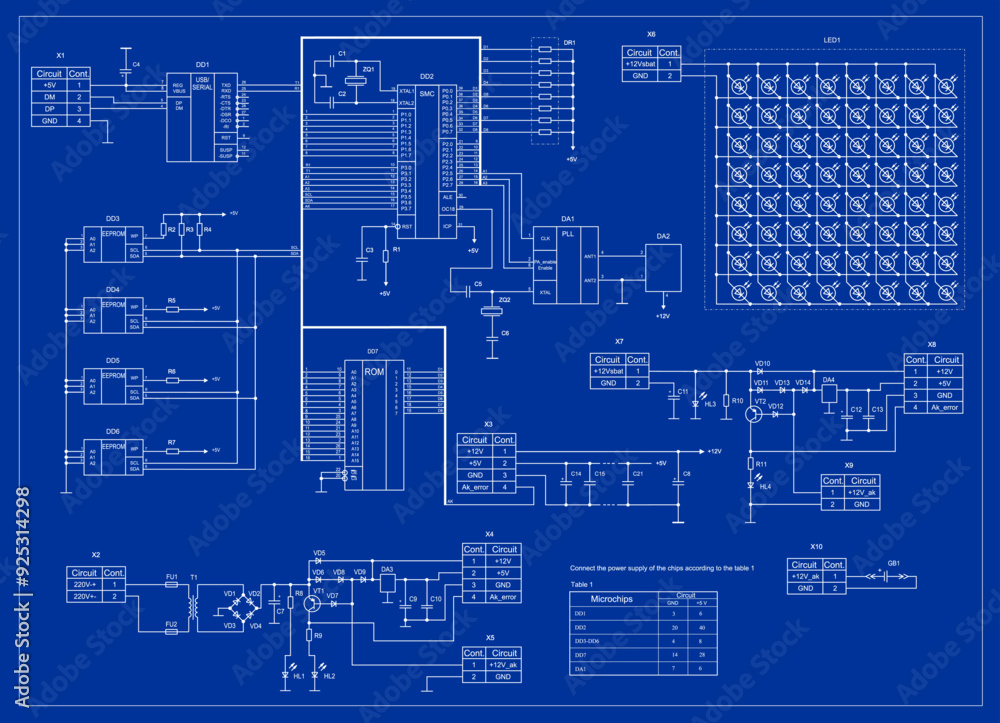 Poster vector drawing of an electrical schematic diagram of an electronic device, operating under the contr